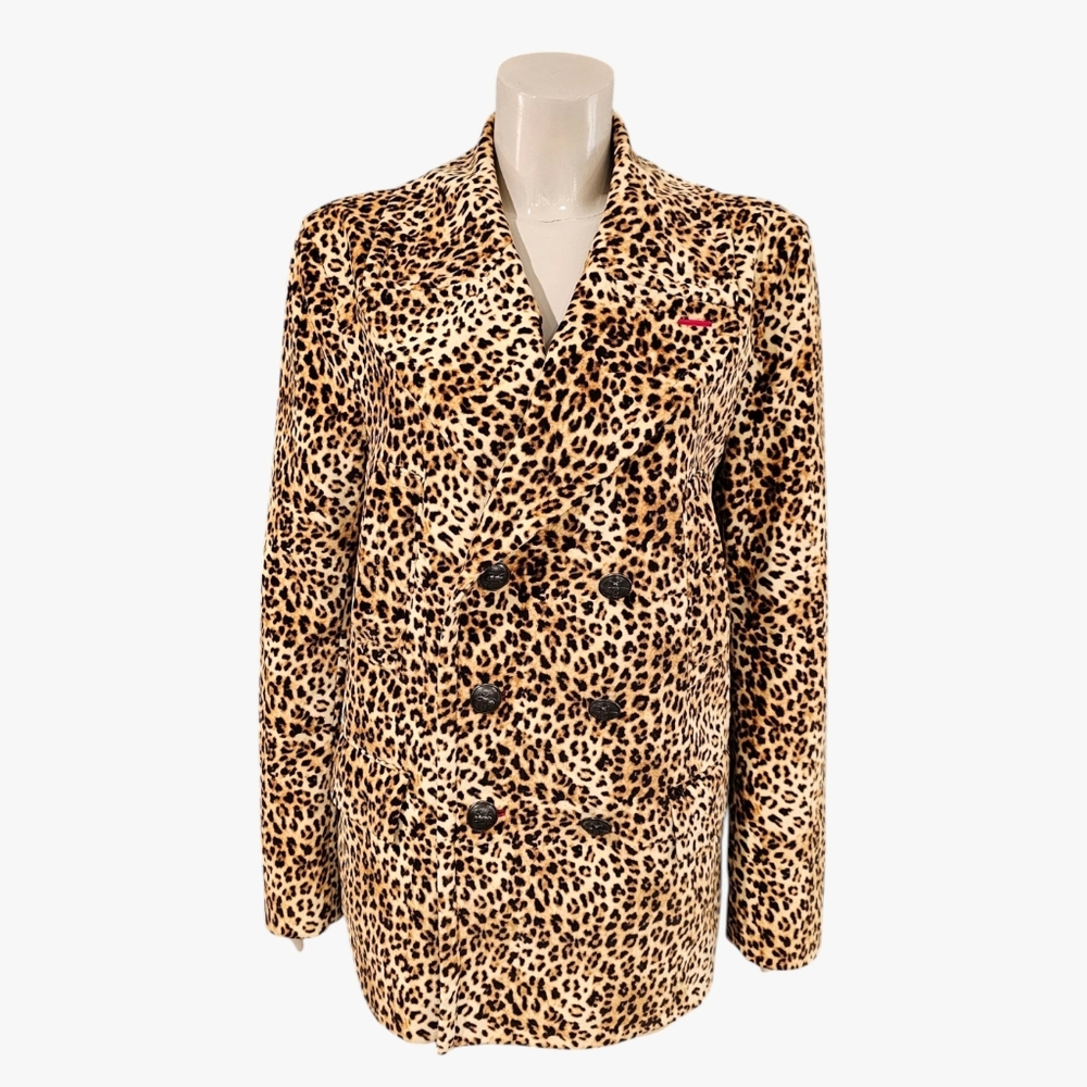 TALLIA Men Brown Tan Slim Fit Velvet Leopard Print Double Breasted Coat Jacket S